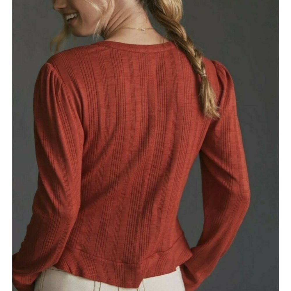 Pilcro Anthropologie Rust Red Button Up Ribbed Puff Sleeve Cardigan Top Sz S - Picture 2 of 15